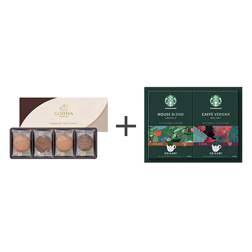 ゴディバ ラングドシャクッキーアソートメント8枚入とスターバックス オリガミ パーソナルドリップコーヒーギフトA